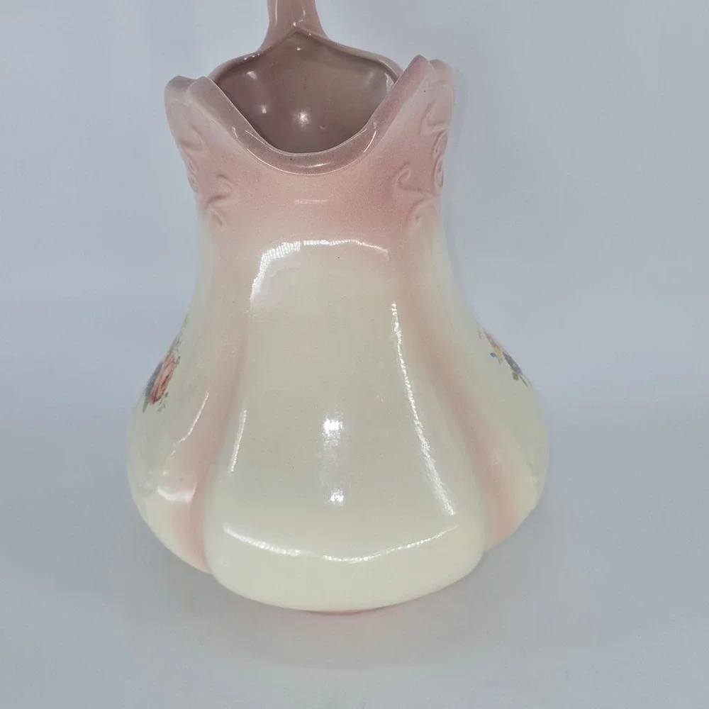 Vintage Pink Cream Floral Ceramic Pitcher Vase Ornate Scalloped Victorian Style